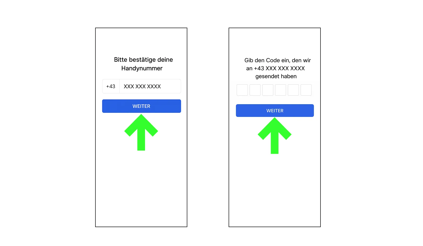 Zwei mobile Bildschirme zeigen die Bestätigung der Handynummer und Eingabe eines Verifizierungscodes mit blauen "Weiter"-Button