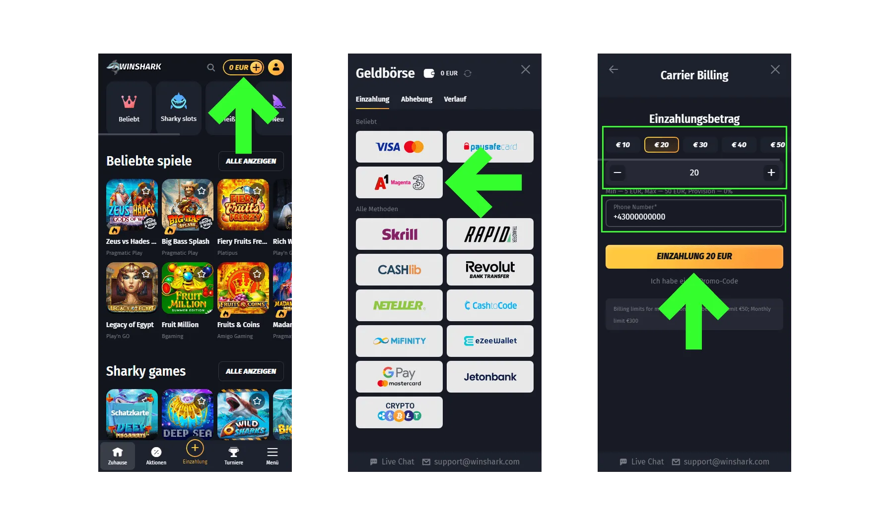 Drei mobile Screens zeigen die Einzahlung, inklusive Auswahlbetrag und Telefonnummerneingabe