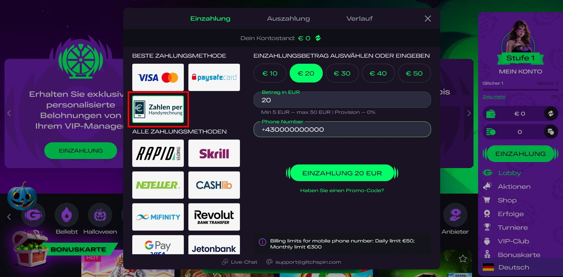 Glitchspin Einzahlung über Handyrechnung