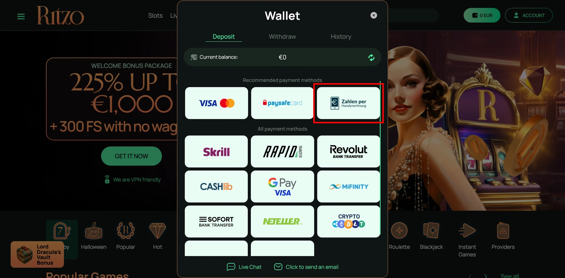 Ritzo Einzahlung per Handyrechnung
