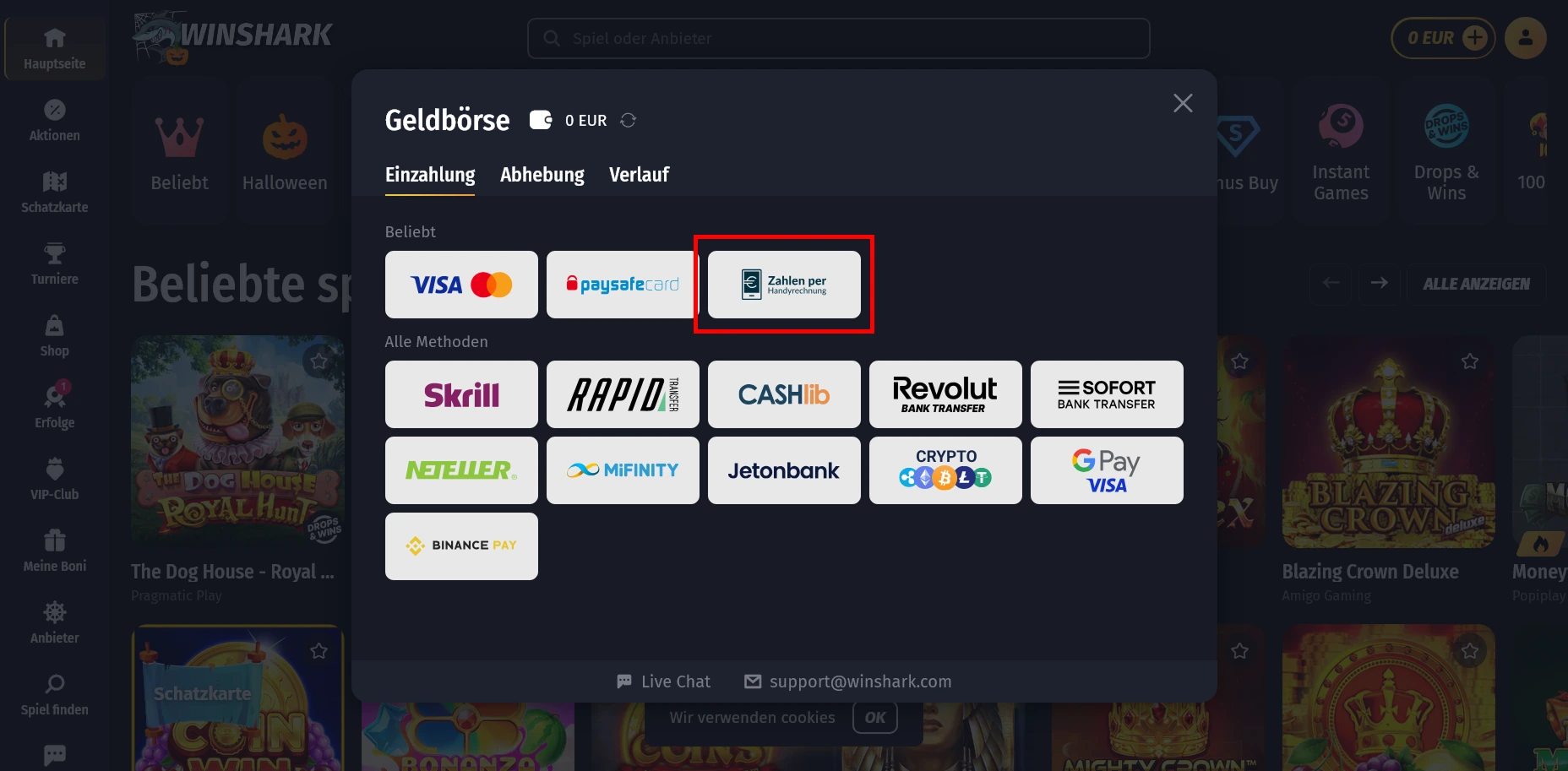 Winshark Zahlung per Handyrechnung